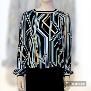 VTG BISOU BISOU Geometric Striped Mod Festival Disco Blouse Medium
